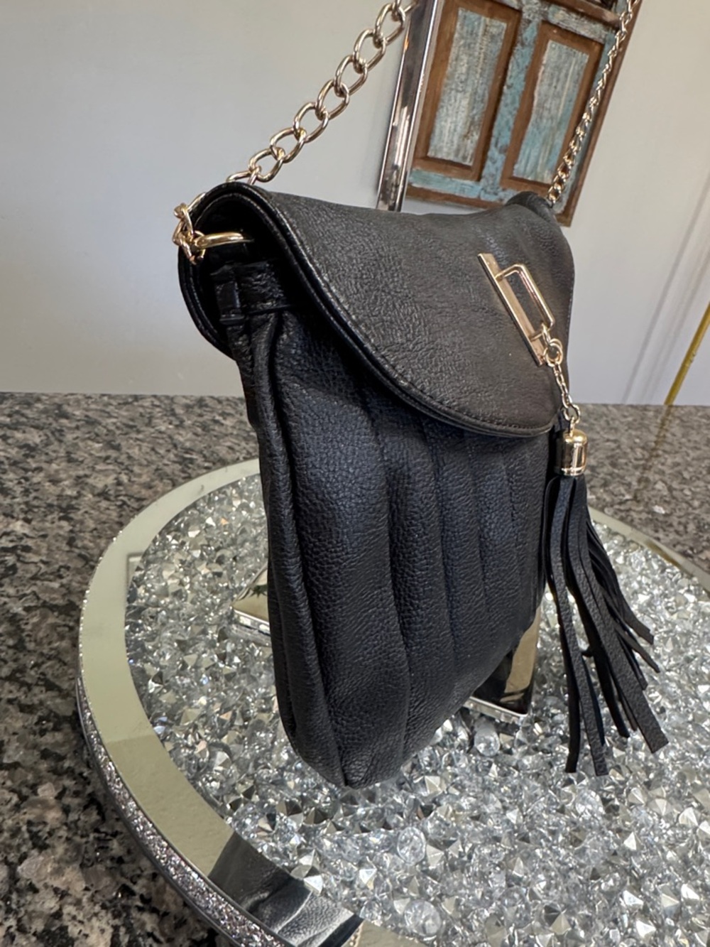 Mix No. 6 Black Pleated Crossbody Bag with Tassel and Gold crossbody Chain - Picture 7 of 10